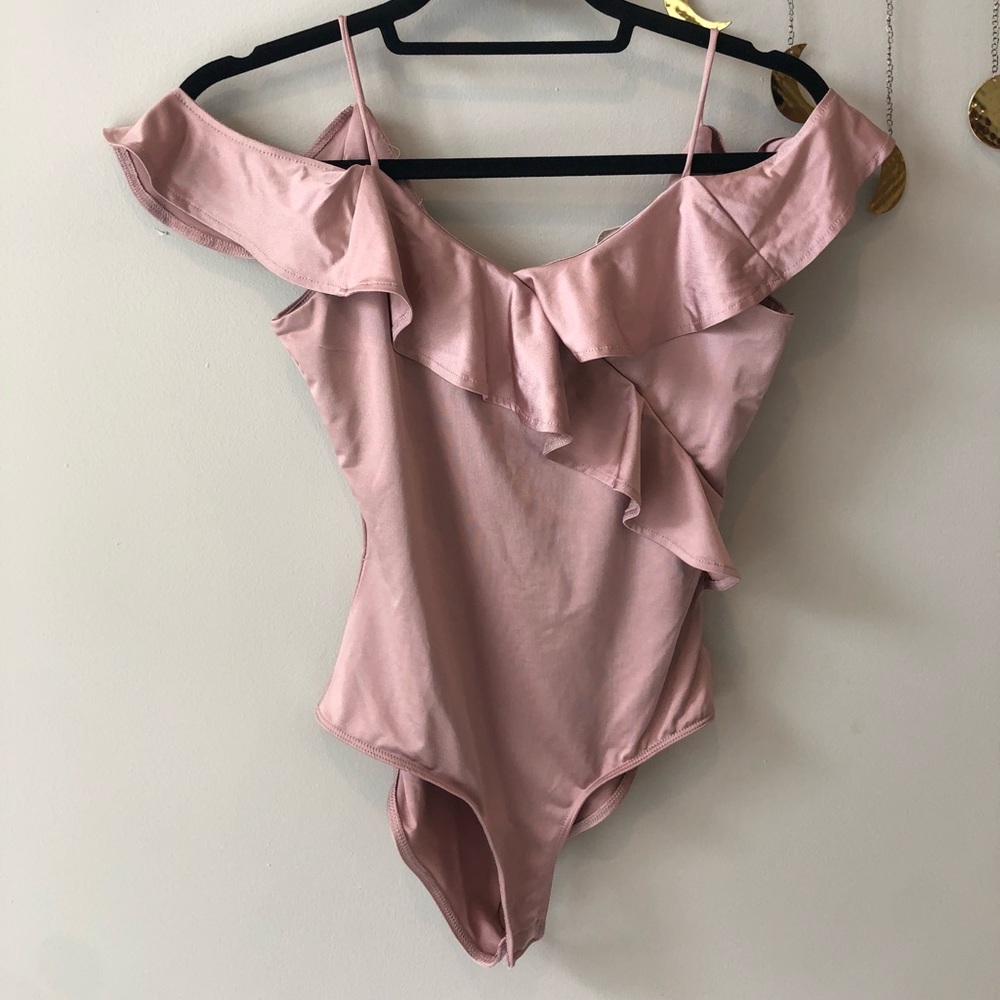 Rose-Pink Ruffled Off-The-Shoulder Bodysuit